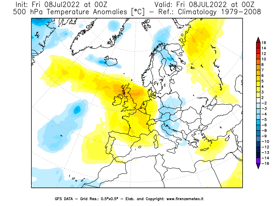 Mappa di analisi GFS - Anomalia Temperatura [°C] a 500 hPa in Europa
							del 08/07/2022 00 <!--googleoff: index-->UTC<!--googleon: index-->