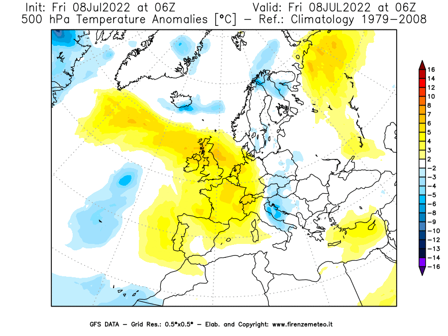 Mappa di analisi GFS - Anomalia Temperatura [°C] a 500 hPa in Europa
							del 08/07/2022 06 <!--googleoff: index-->UTC<!--googleon: index-->