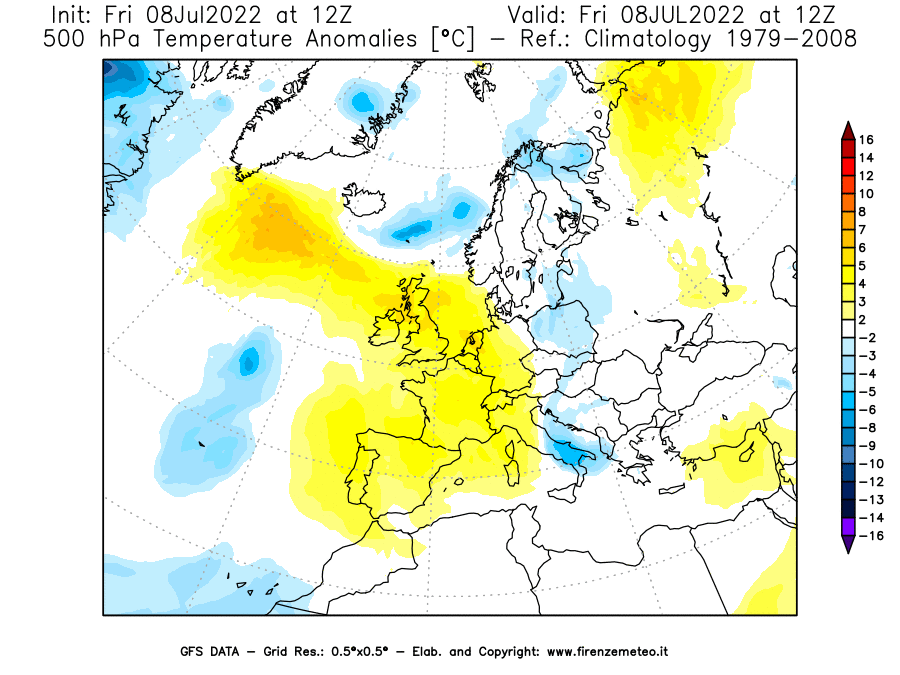 Mappa di analisi GFS - Anomalia Temperatura [°C] a 500 hPa in Europa
							del 08/07/2022 12 <!--googleoff: index-->UTC<!--googleon: index-->