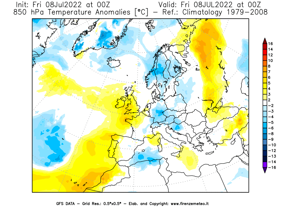 Mappa di analisi GFS - Anomalia Temperatura [°C] a 850 hPa in Europa
							del 08/07/2022 00 <!--googleoff: index-->UTC<!--googleon: index-->