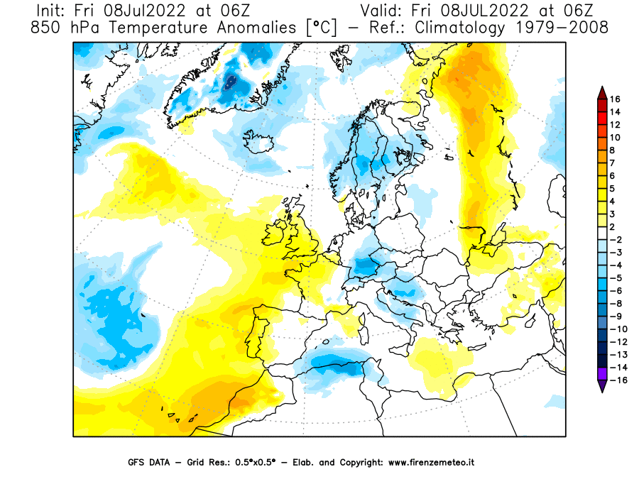 Mappa di analisi GFS - Anomalia Temperatura [°C] a 850 hPa in Europa
							del 08/07/2022 06 <!--googleoff: index-->UTC<!--googleon: index-->