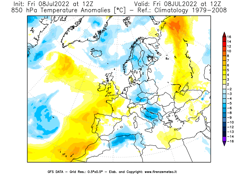 Mappa di analisi GFS - Anomalia Temperatura [°C] a 850 hPa in Europa
							del 08/07/2022 12 <!--googleoff: index-->UTC<!--googleon: index-->