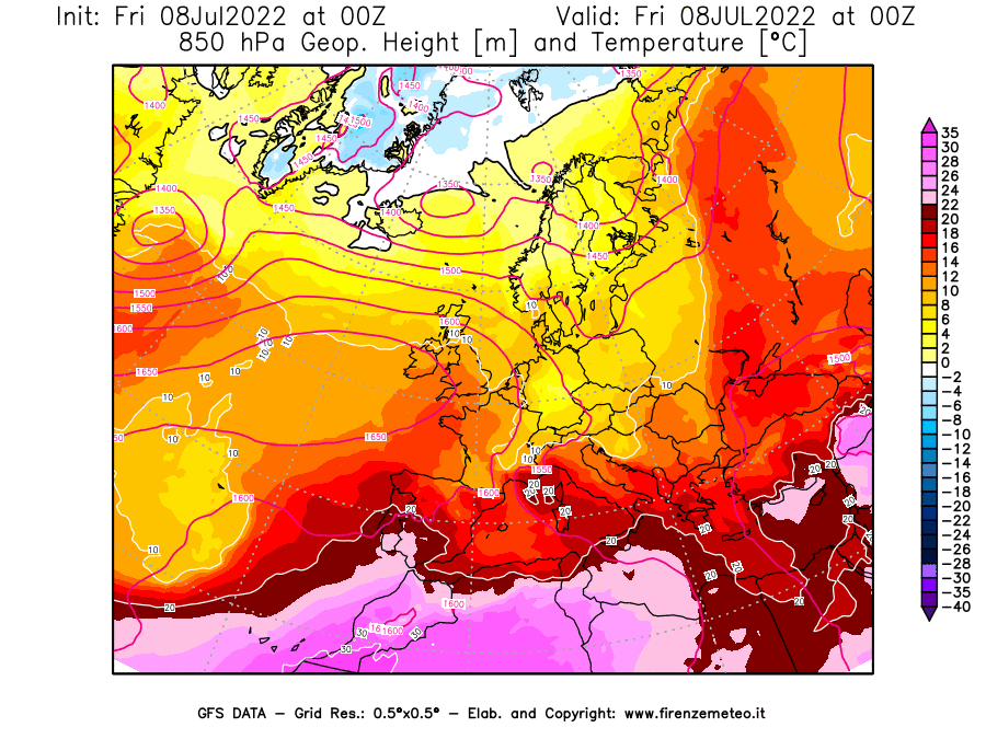 Mappa di analisi GFS - Geopotenziale [m] e Temperatura [°C] a 850 hPa in Europa
							del 08/07/2022 00 <!--googleoff: index-->UTC<!--googleon: index-->