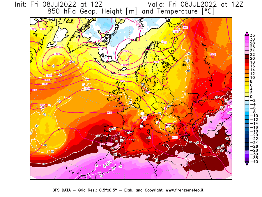 Mappa di analisi GFS - Geopotenziale [m] e Temperatura [°C] a 850 hPa in Europa
							del 08/07/2022 12 <!--googleoff: index-->UTC<!--googleon: index-->