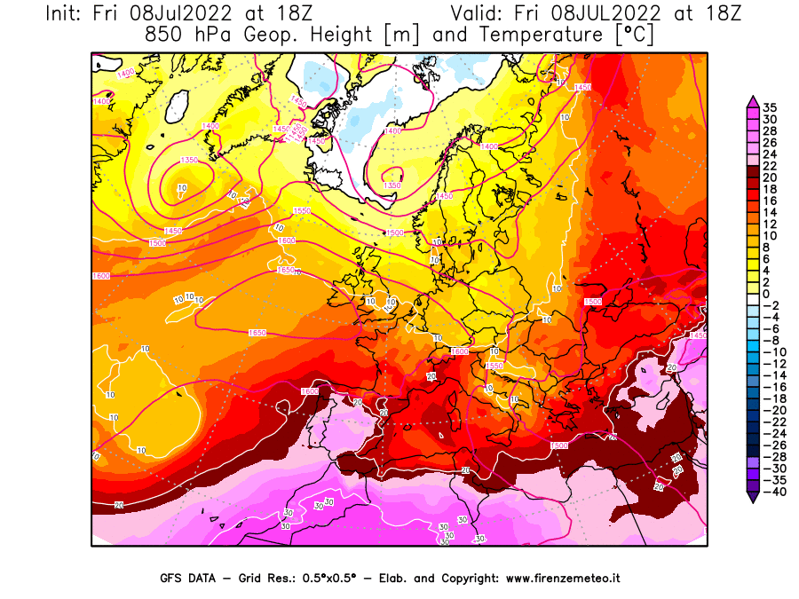 Mappa di analisi GFS - Geopotenziale [m] e Temperatura [°C] a 850 hPa in Europa
							del 08/07/2022 18 <!--googleoff: index-->UTC<!--googleon: index-->
