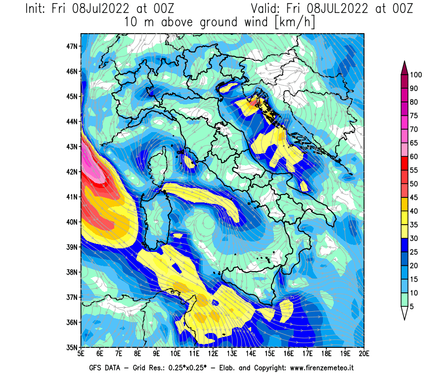Mappa di analisi GFS - Velocità del vento a 10 metri dal suolo [km/h] in Italia
							del 08/07/2022 00 <!--googleoff: index-->UTC<!--googleon: index-->