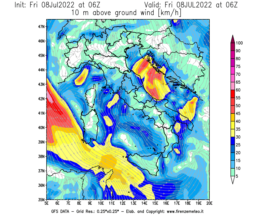 Mappa di analisi GFS - Velocità del vento a 10 metri dal suolo [km/h] in Italia
							del 08/07/2022 06 <!--googleoff: index-->UTC<!--googleon: index-->