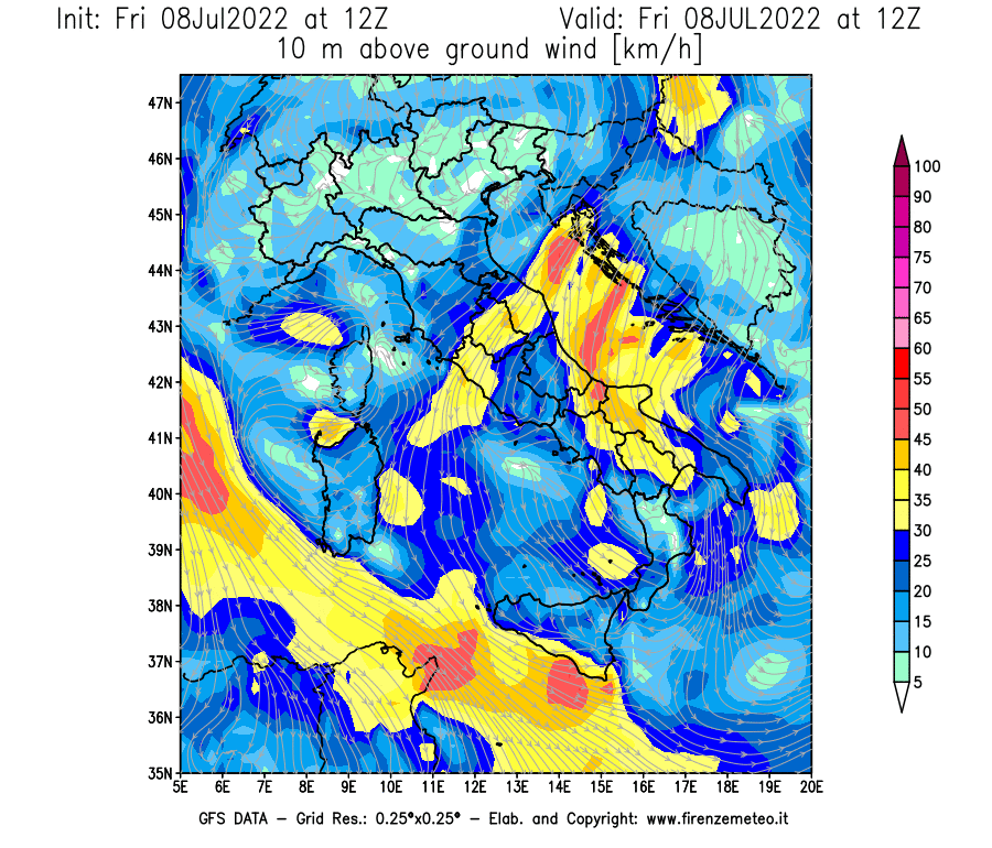 Mappa di analisi GFS - Velocità del vento a 10 metri dal suolo [km/h] in Italia
							del 08/07/2022 12 <!--googleoff: index-->UTC<!--googleon: index-->