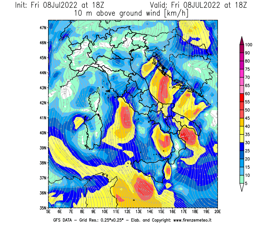 Mappa di analisi GFS - Velocità del vento a 10 metri dal suolo [km/h] in Italia
							del 08/07/2022 18 <!--googleoff: index-->UTC<!--googleon: index-->
