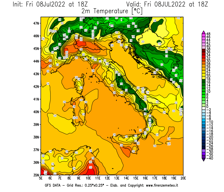 Mappa di analisi GFS - Temperatura a 2 metri dal suolo [°C] in Italia
							del 08/07/2022 18 <!--googleoff: index-->UTC<!--googleon: index-->