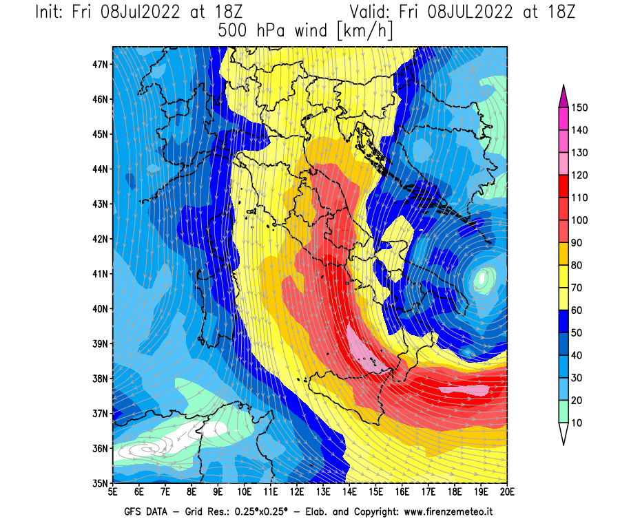 Mappa di analisi GFS - Velocità del vento a 500 hPa [km/h] in Italia
							del 08/07/2022 18 <!--googleoff: index-->UTC<!--googleon: index-->