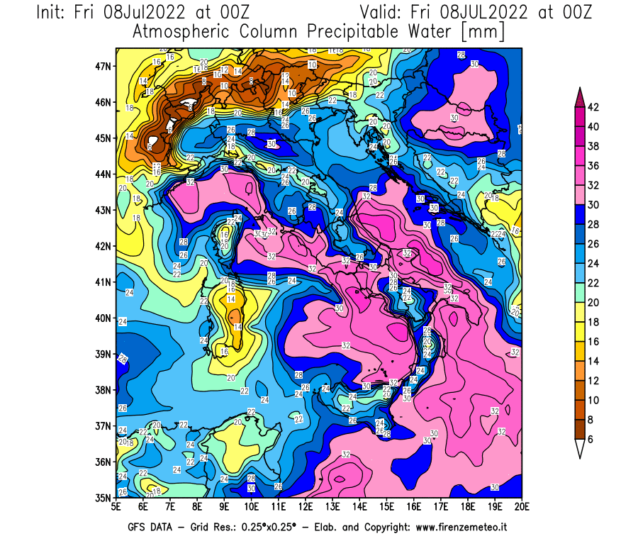 Mappa di analisi GFS - Precipitable Water [mm] in Italia
							del 08/07/2022 00 <!--googleoff: index-->UTC<!--googleon: index-->