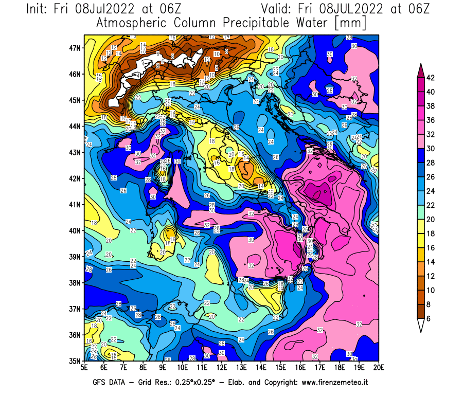 Mappa di analisi GFS - Precipitable Water [mm] in Italia
							del 08/07/2022 06 <!--googleoff: index-->UTC<!--googleon: index-->