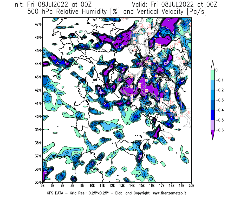 Mappa di analisi GFS - Umidità relativa [%] e Omega [Pa/s] a 500 hPa in Italia
							del 08/07/2022 00 <!--googleoff: index-->UTC<!--googleon: index-->