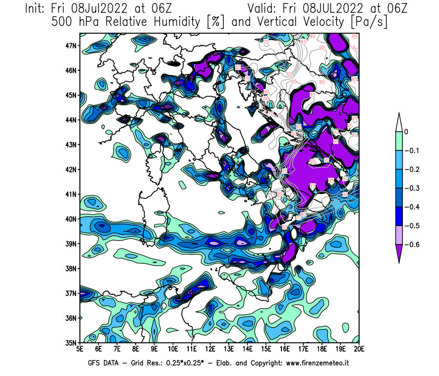Mappa di analisi GFS - Umidità relativa [%] e Omega [Pa/s] a 500 hPa in Italia
							del 08/07/2022 06 <!--googleoff: index-->UTC<!--googleon: index-->