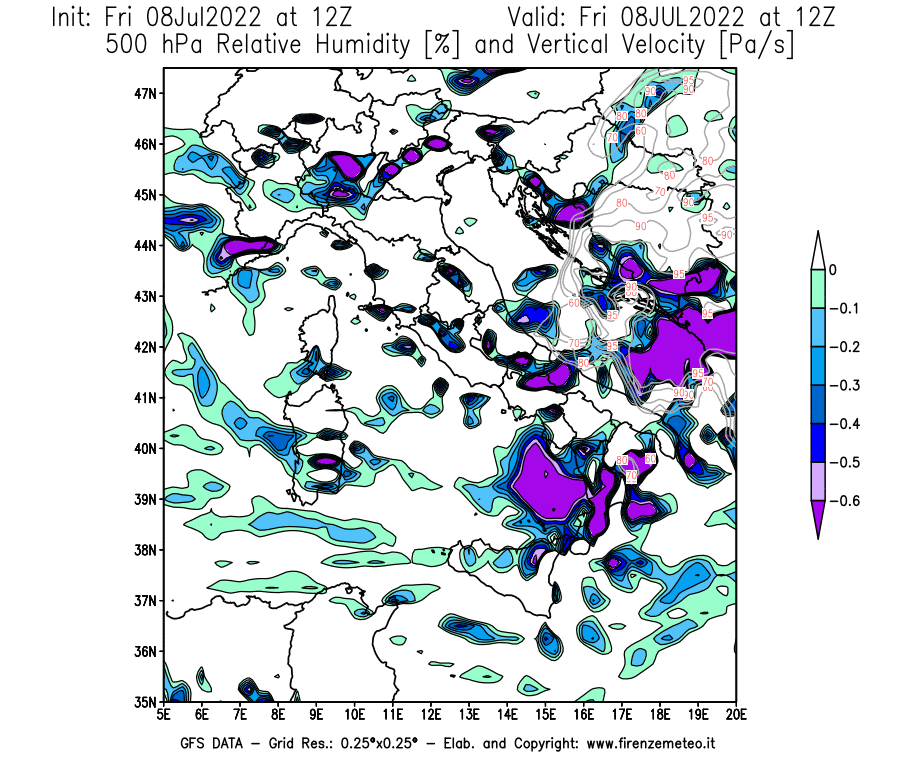 Mappa di analisi GFS - Umidità relativa [%] e Omega [Pa/s] a 500 hPa in Italia
							del 08/07/2022 12 <!--googleoff: index-->UTC<!--googleon: index-->