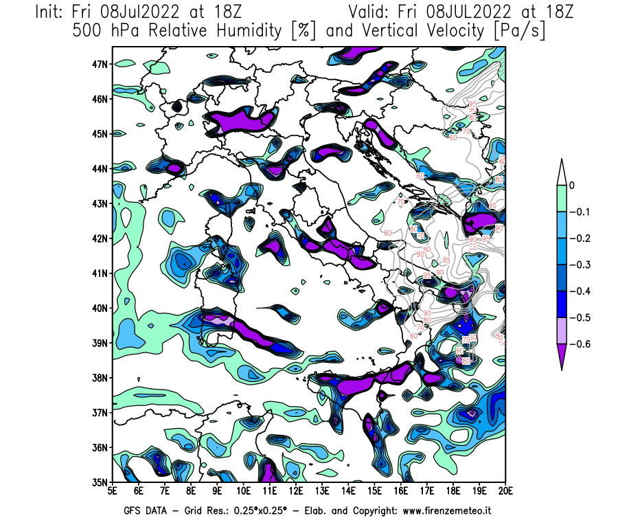 Mappa di analisi GFS - Umidità relativa [%] e Omega [Pa/s] a 500 hPa in Italia
							del 08/07/2022 18 <!--googleoff: index-->UTC<!--googleon: index-->