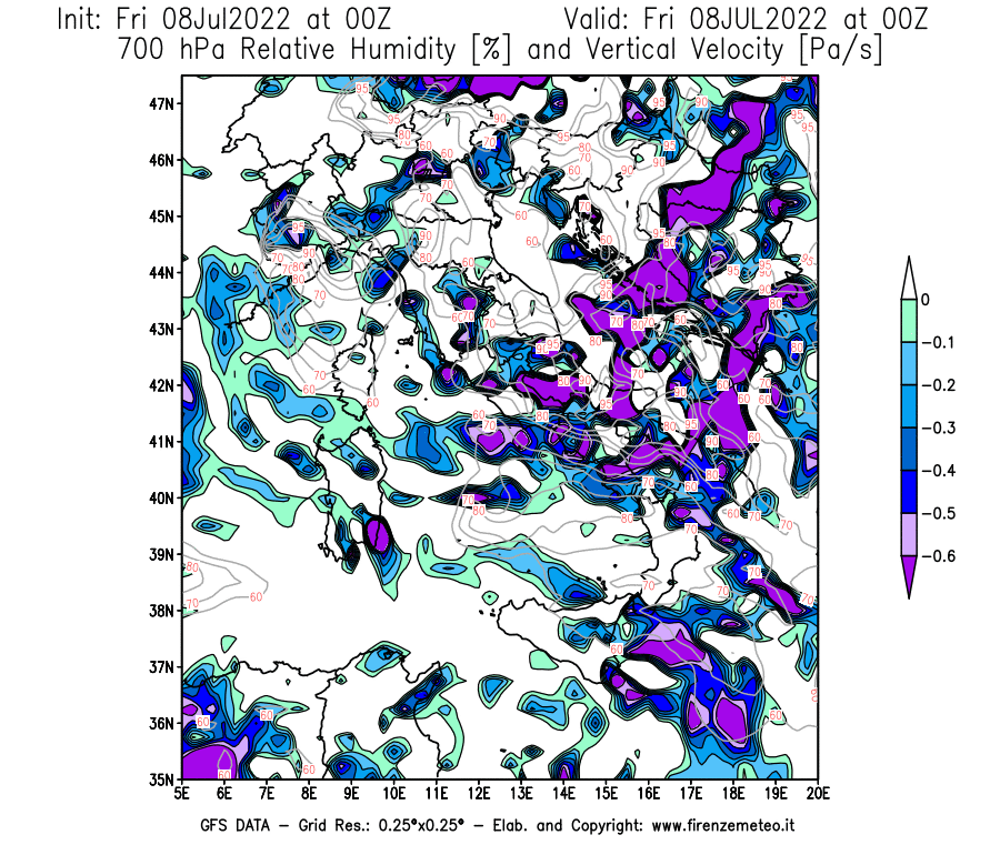 Mappa di analisi GFS - Umidità relativa [%] e Omega [Pa/s] a 700 hPa in Italia
							del 08/07/2022 00 <!--googleoff: index-->UTC<!--googleon: index-->