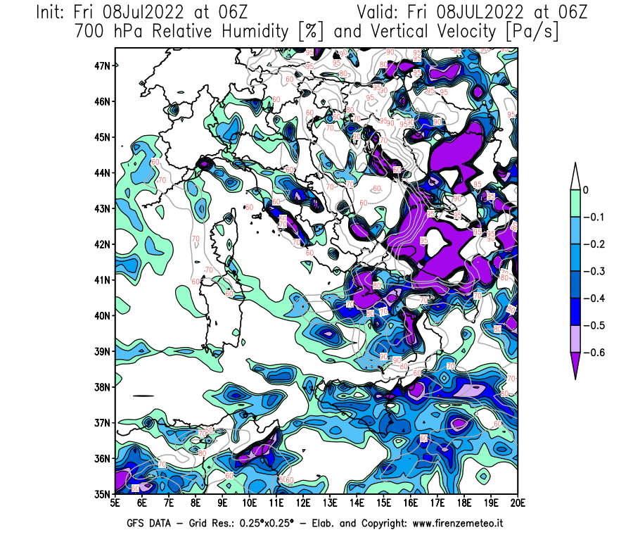 Mappa di analisi GFS - Umidità relativa [%] e Omega [Pa/s] a 700 hPa in Italia
							del 08/07/2022 06 <!--googleoff: index-->UTC<!--googleon: index-->