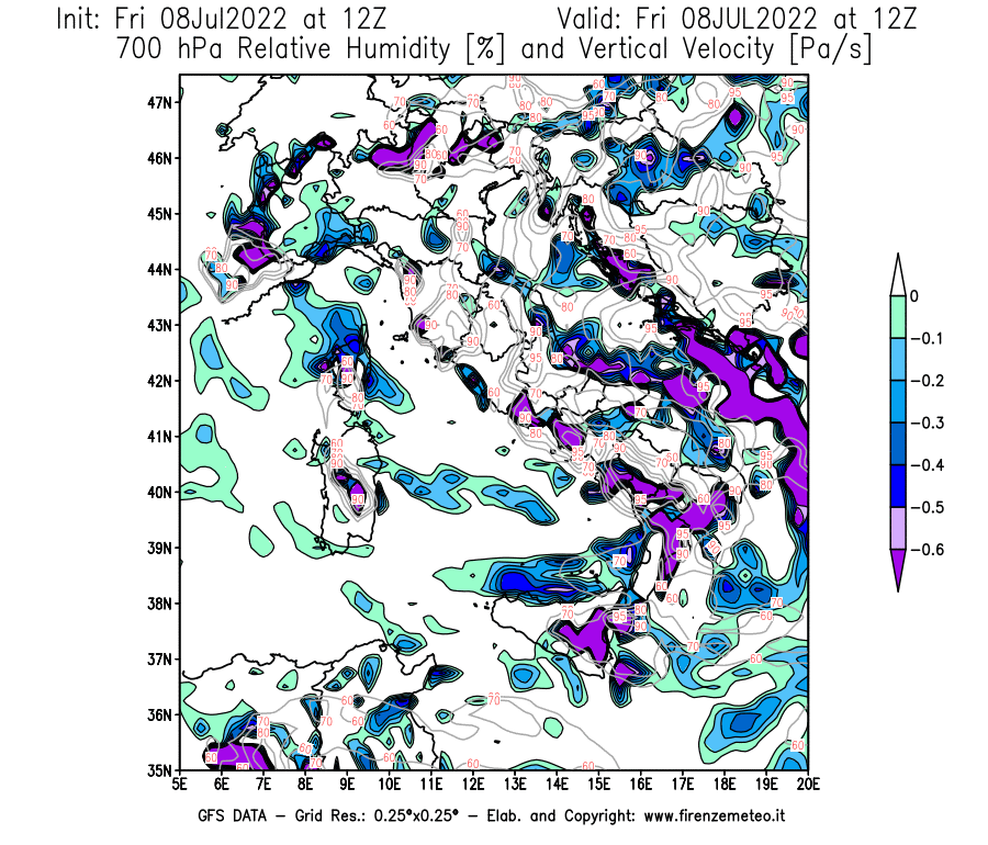 Mappa di analisi GFS - Umidità relativa [%] e Omega [Pa/s] a 700 hPa in Italia
							del 08/07/2022 12 <!--googleoff: index-->UTC<!--googleon: index-->