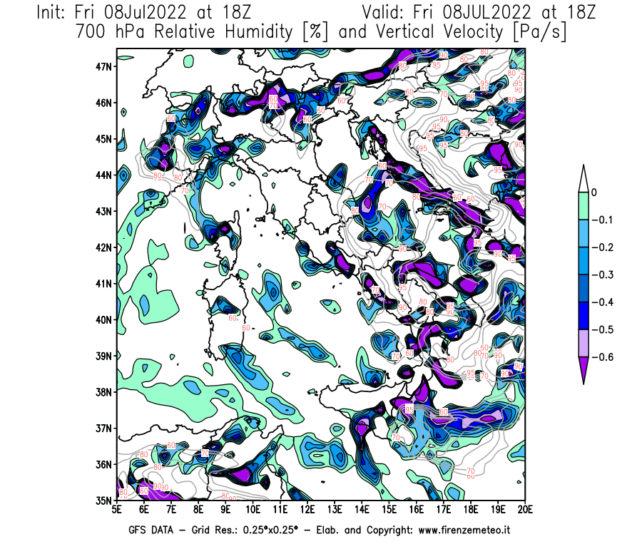 Mappa di analisi GFS - Umidità relativa [%] e Omega [Pa/s] a 700 hPa in Italia
							del 08/07/2022 18 <!--googleoff: index-->UTC<!--googleon: index-->