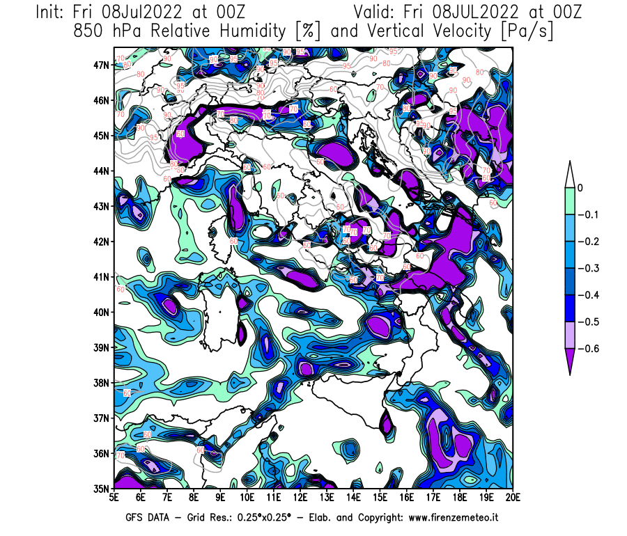 Mappa di analisi GFS - Umidità relativa [%] e Omega [Pa/s] a 850 hPa in Italia
							del 08/07/2022 00 <!--googleoff: index-->UTC<!--googleon: index-->