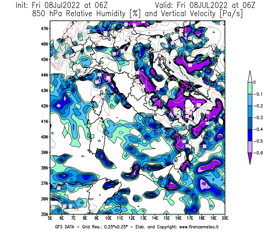 Mappa di analisi GFS - Umidità relativa [%] e Omega [Pa/s] a 850 hPa in Italia
							del 08/07/2022 06 <!--googleoff: index-->UTC<!--googleon: index-->