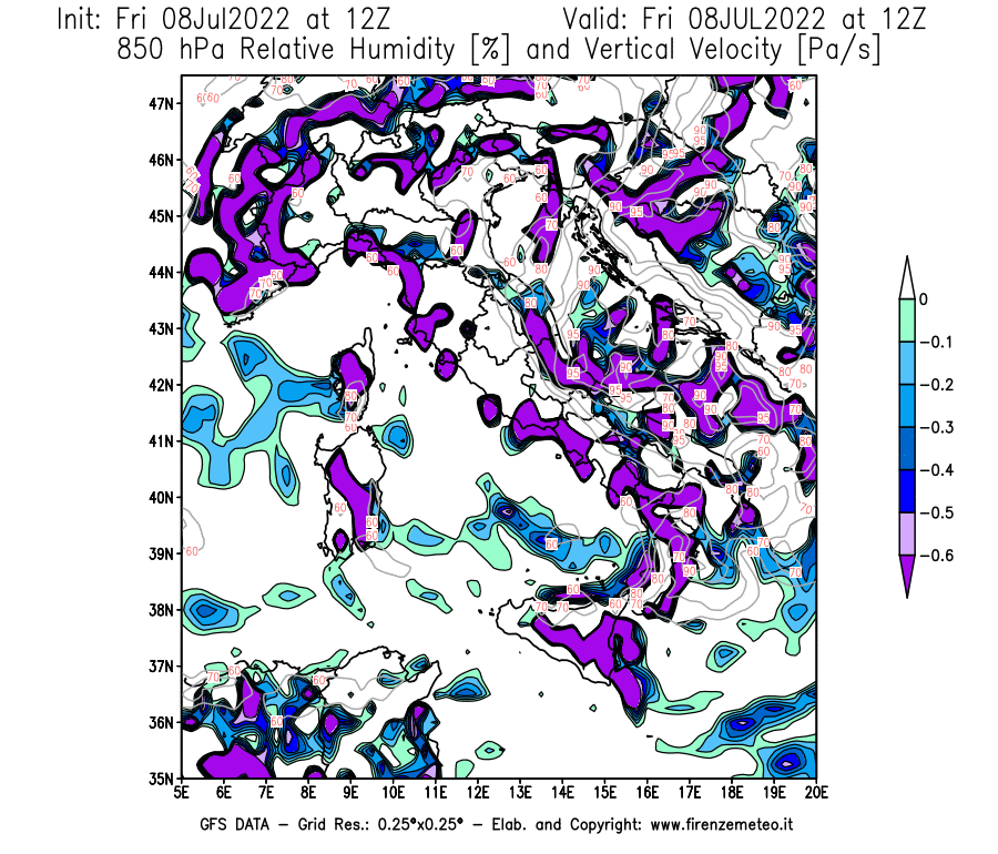Mappa di analisi GFS - Umidità relativa [%] e Omega [Pa/s] a 850 hPa in Italia
							del 08/07/2022 12 <!--googleoff: index-->UTC<!--googleon: index-->
