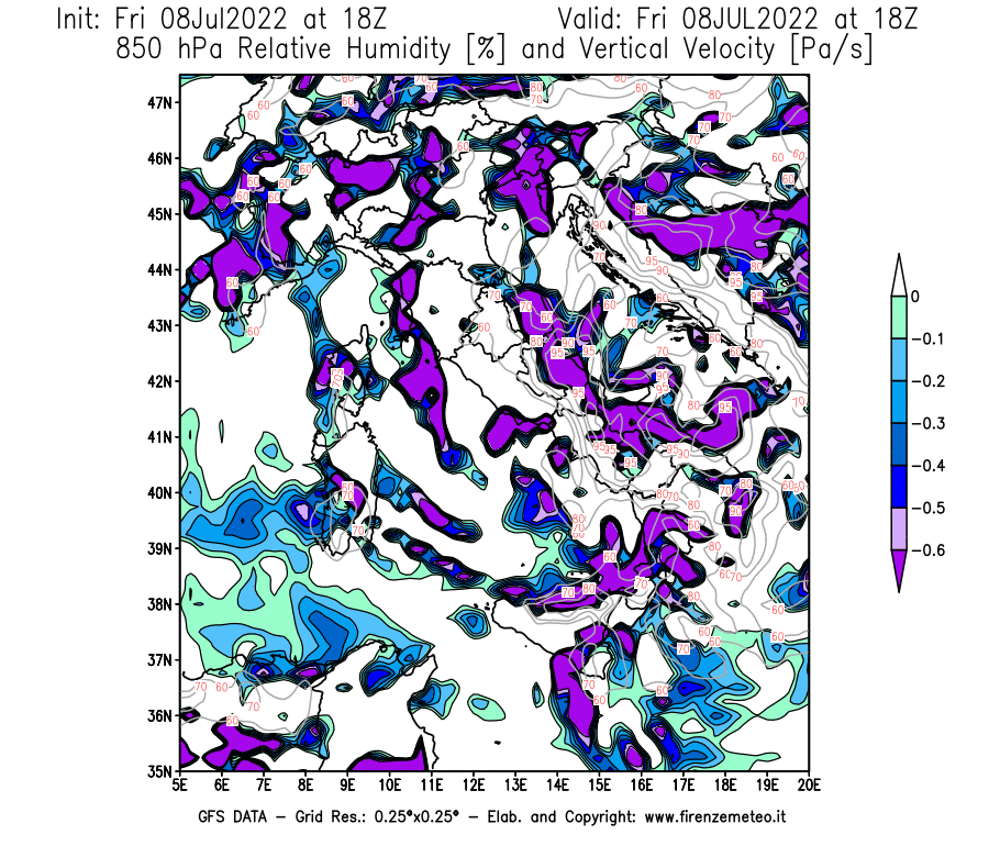 Mappa di analisi GFS - Umidità relativa [%] e Omega [Pa/s] a 850 hPa in Italia
							del 08/07/2022 18 <!--googleoff: index-->UTC<!--googleon: index-->