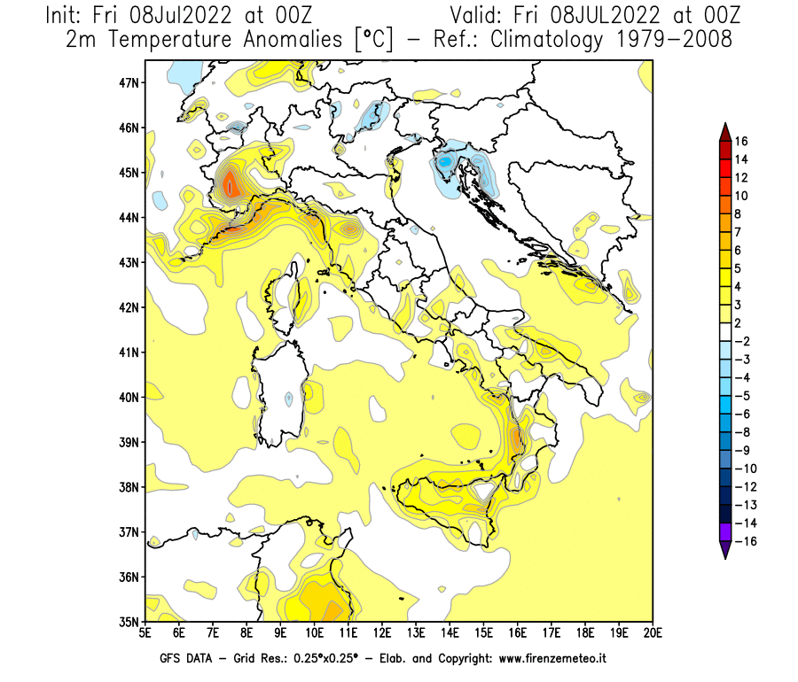 Mappa di analisi GFS - Anomalia Temperatura [°C] a 2 m in Italia
							del 08/07/2022 00 <!--googleoff: index-->UTC<!--googleon: index-->