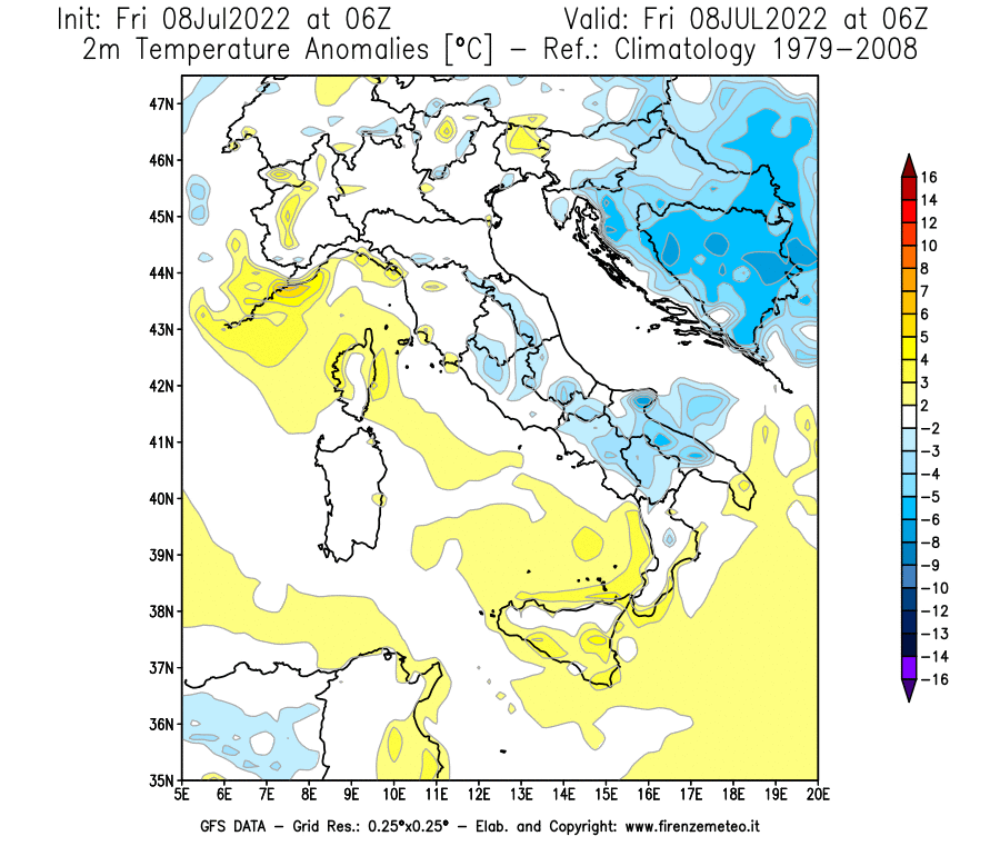 Mappa di analisi GFS - Anomalia Temperatura [°C] a 2 m in Italia
							del 08/07/2022 06 <!--googleoff: index-->UTC<!--googleon: index-->