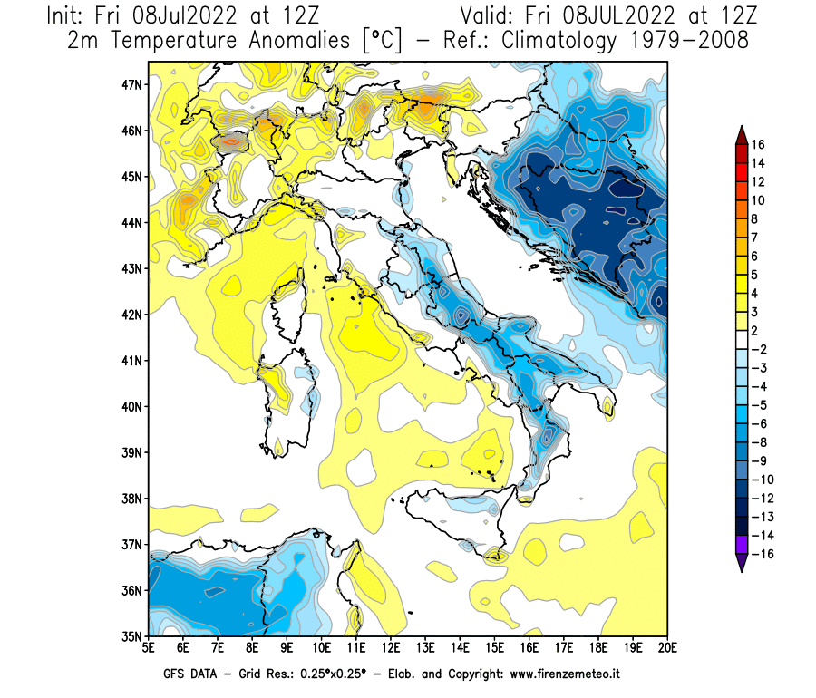Mappa di analisi GFS - Anomalia Temperatura [°C] a 2 m in Italia
							del 08/07/2022 12 <!--googleoff: index-->UTC<!--googleon: index-->