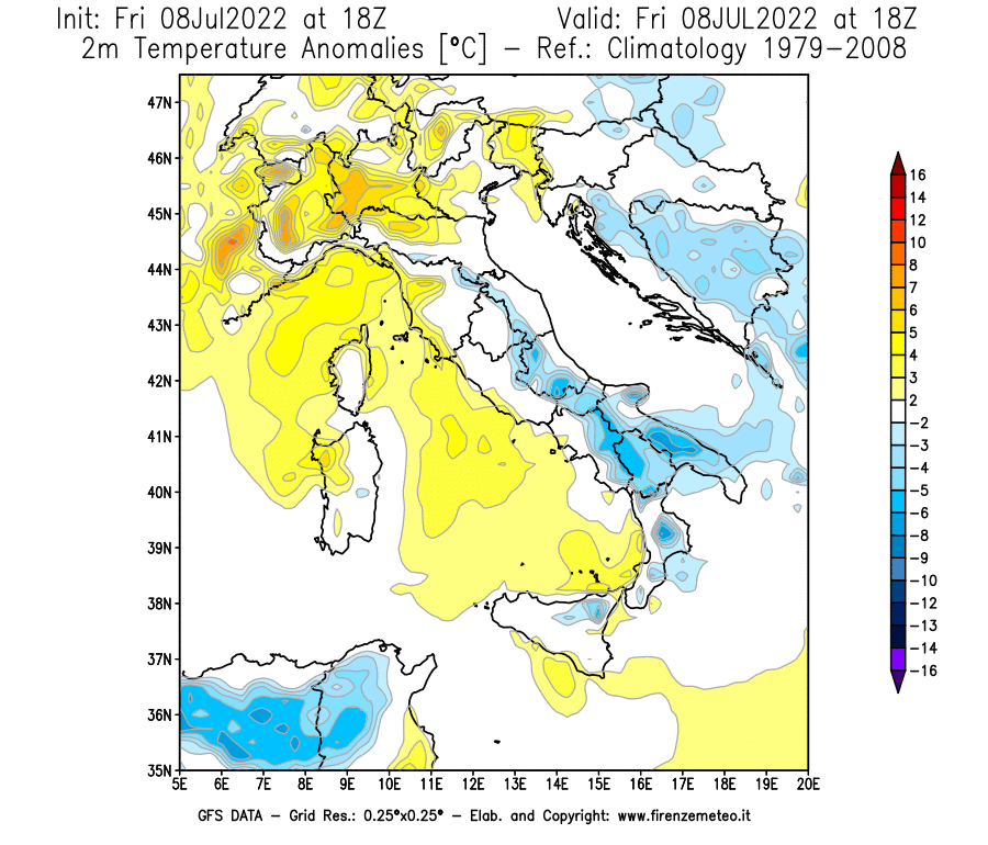 Mappa di analisi GFS - Anomalia Temperatura [°C] a 2 m in Italia
							del 08/07/2022 18 <!--googleoff: index-->UTC<!--googleon: index-->