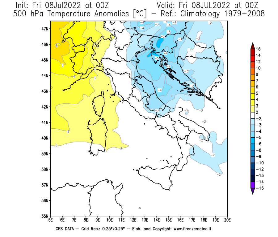 Mappa di analisi GFS - Anomalia Temperatura [°C] a 500 hPa in Italia
							del 08/07/2022 00 <!--googleoff: index-->UTC<!--googleon: index-->
