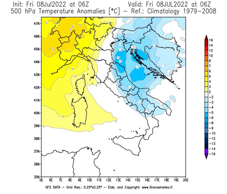 Mappa di analisi GFS - Anomalia Temperatura [°C] a 500 hPa in Italia
							del 08/07/2022 06 <!--googleoff: index-->UTC<!--googleon: index-->