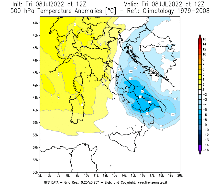 Mappa di analisi GFS - Anomalia Temperatura [°C] a 500 hPa in Italia
							del 08/07/2022 12 <!--googleoff: index-->UTC<!--googleon: index-->