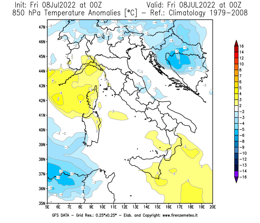 Mappa di analisi GFS - Anomalia Temperatura [°C] a 850 hPa in Italia
							del 08/07/2022 00 <!--googleoff: index-->UTC<!--googleon: index-->