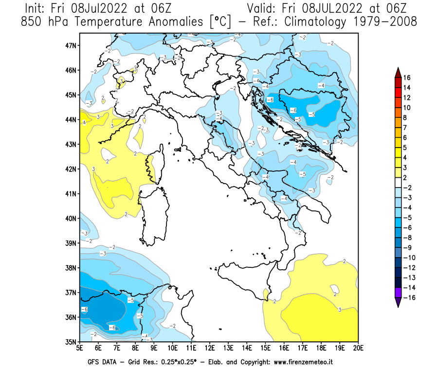 Mappa di analisi GFS - Anomalia Temperatura [°C] a 850 hPa in Italia
							del 08/07/2022 06 <!--googleoff: index-->UTC<!--googleon: index-->
