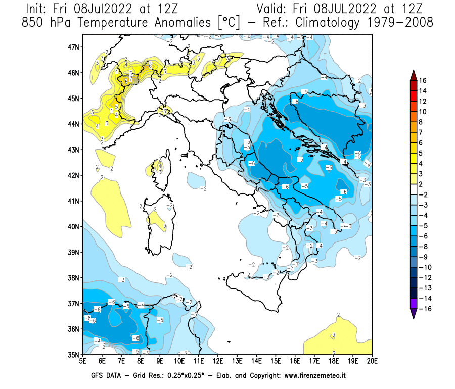 Mappa di analisi GFS - Anomalia Temperatura [°C] a 850 hPa in Italia
							del 08/07/2022 12 <!--googleoff: index-->UTC<!--googleon: index-->