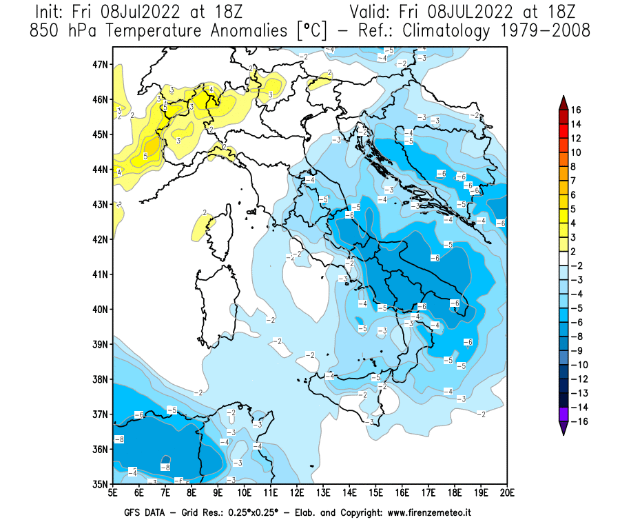 Mappa di analisi GFS - Anomalia Temperatura [°C] a 850 hPa in Italia
							del 08/07/2022 18 <!--googleoff: index-->UTC<!--googleon: index-->