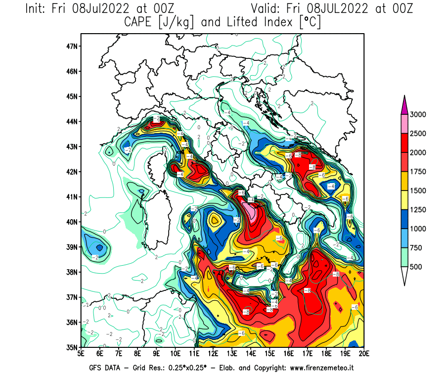 Mappa di analisi GFS - CAPE [J/kg] e Lifted Index [°C] in Italia
							del 08/07/2022 00 <!--googleoff: index-->UTC<!--googleon: index-->