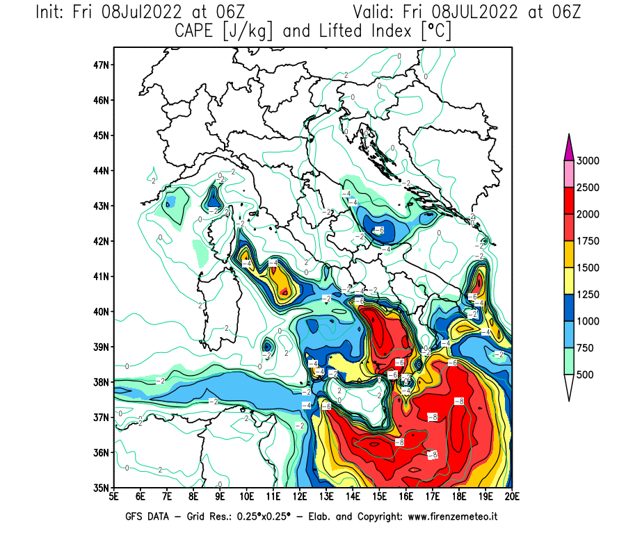 Mappa di analisi GFS - CAPE [J/kg] e Lifted Index [°C] in Italia
							del 08/07/2022 06 <!--googleoff: index-->UTC<!--googleon: index-->