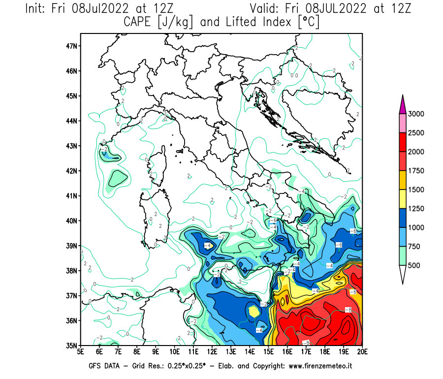 Mappa di analisi GFS - CAPE [J/kg] e Lifted Index [°C] in Italia
							del 08/07/2022 12 <!--googleoff: index-->UTC<!--googleon: index-->