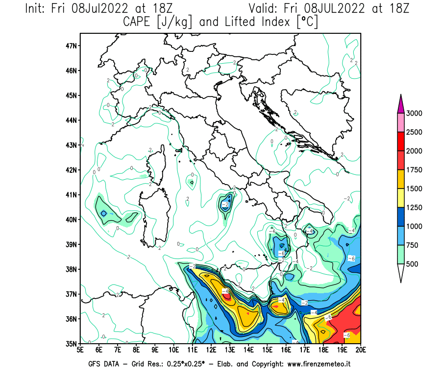 Mappa di analisi GFS - CAPE [J/kg] e Lifted Index [°C] in Italia
							del 08/07/2022 18 <!--googleoff: index-->UTC<!--googleon: index-->