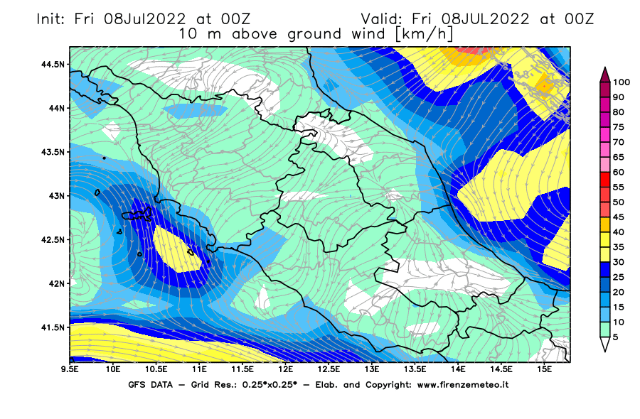 Mappa di analisi GFS - Velocità del vento a 10 metri dal suolo [km/h] in Centro-Italia
							del 08/07/2022 00 <!--googleoff: index-->UTC<!--googleon: index-->