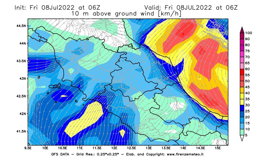Mappa di analisi GFS - Velocità del vento a 10 metri dal suolo [km/h] in Centro-Italia
							del 08/07/2022 06 <!--googleoff: index-->UTC<!--googleon: index-->