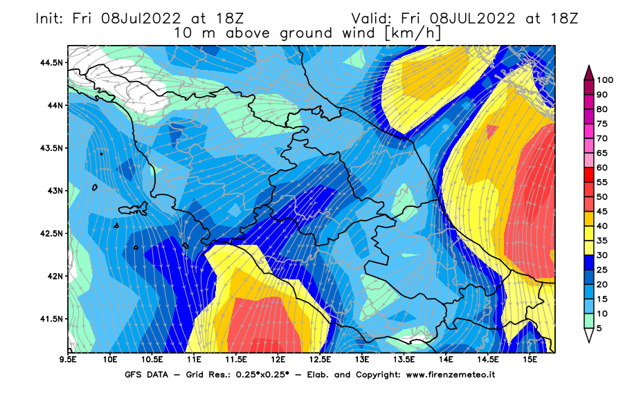 Mappa di analisi GFS - Velocità del vento a 10 metri dal suolo [km/h] in Centro-Italia
							del 08/07/2022 18 <!--googleoff: index-->UTC<!--googleon: index-->