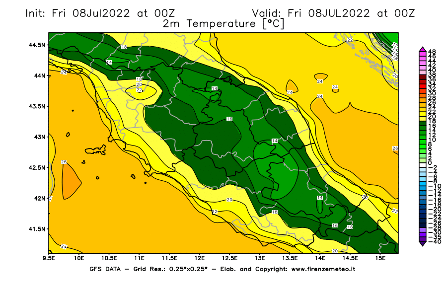 Mappa di analisi GFS - Temperatura a 2 metri dal suolo [°C] in Centro-Italia
							del 08/07/2022 00 <!--googleoff: index-->UTC<!--googleon: index-->
