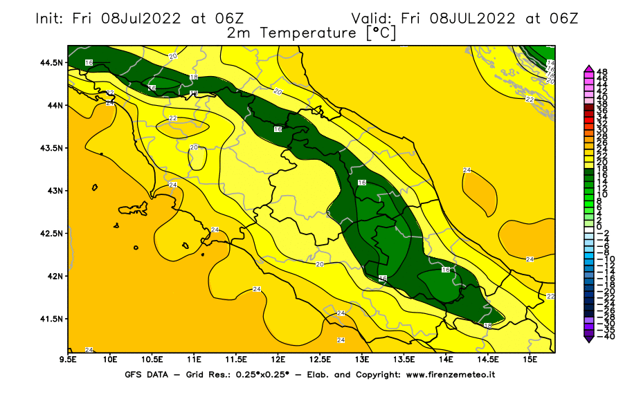 Mappa di analisi GFS - Temperatura a 2 metri dal suolo [°C] in Centro-Italia
							del 08/07/2022 06 <!--googleoff: index-->UTC<!--googleon: index-->