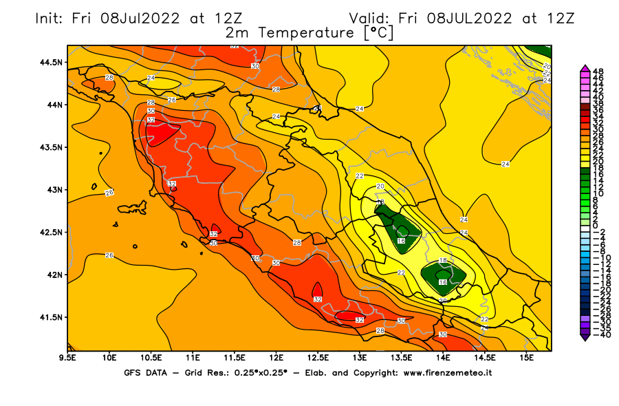 Mappa di analisi GFS - Temperatura a 2 metri dal suolo [°C] in Centro-Italia
							del 08/07/2022 12 <!--googleoff: index-->UTC<!--googleon: index-->